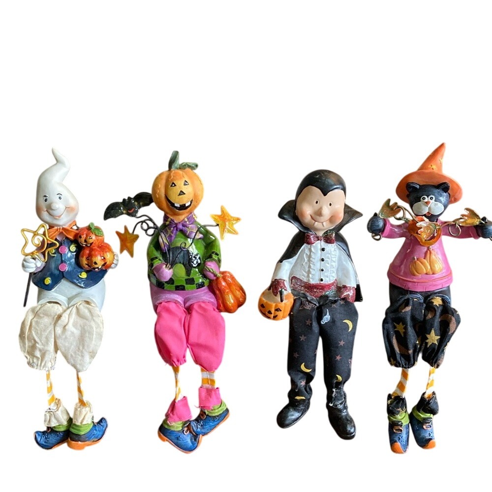 Set of 4 Halloween Shelf Sitting Figures Ghost‎ Pumpkin Vampire Cat Traditional